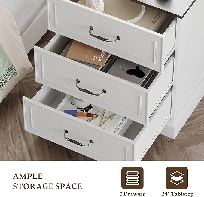 Farmhouse 3 Drawers Dresser for Bedroom, 24" Wide Modern Chest of Drawers with Deep Drawers & Bar Handles, Rustic Wood Nightstand, Wooden Closet Storage Organizer for Living Room, Hallway, White