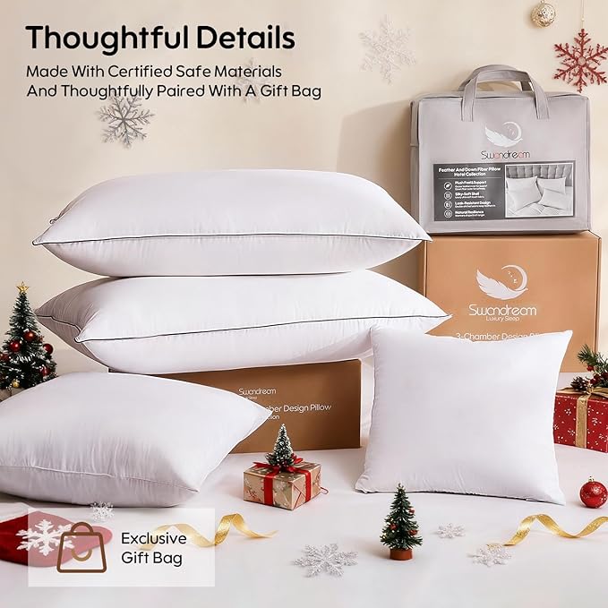 Goose Feather Down Fiber Standard Pillow Single Pack, Luxury 3-Chamber Pillows with Soft & Down-Proof Cover, Fluffy Plush Hotel Bed Pillows for Side, Back & Stomach Sleepers, 20"x26"