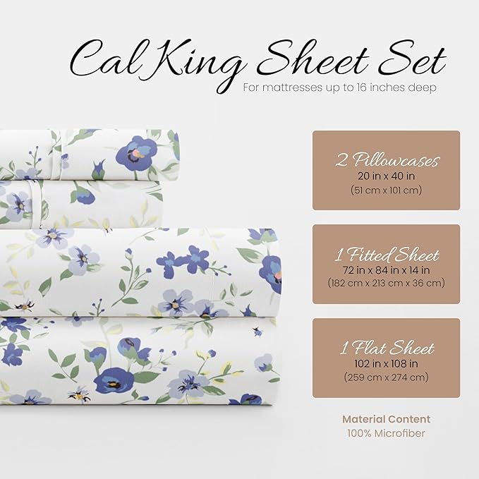 Linen Market Double-Brushed Patterned Microfiber California King Sheet Set 4 Piece – OEKO-TEX Certified Ultra Soft & Wrinkle-Free - 16" Deep Pocket Sheets Easy Care Cal-King Size - Blossoms Light Blue