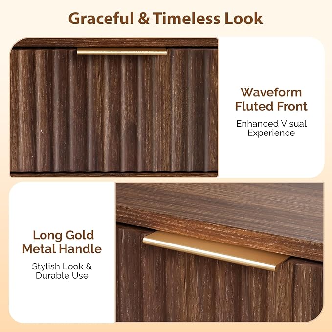 VINGLI Nightstands Set of 2, Fluted Night Stand with Drawer, Bedside Table, Wood Nightstand for Bedroom, Mid Century Modern End Tables, Walnut, 18.9" W*14.96" D*24" H