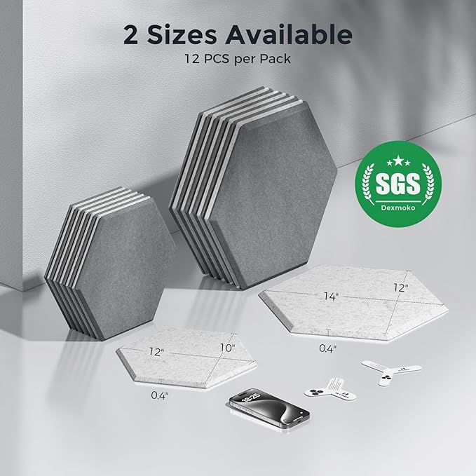 Self-Adhesive Acoustic Panels [390 lbs/yd³ Ultra-High Density], 2nd Generation Sound Absorbing Panel, Professional Level Sound Panel, Polyester Soundproof Foam [Size M, MoonGrey & SilverGrey]