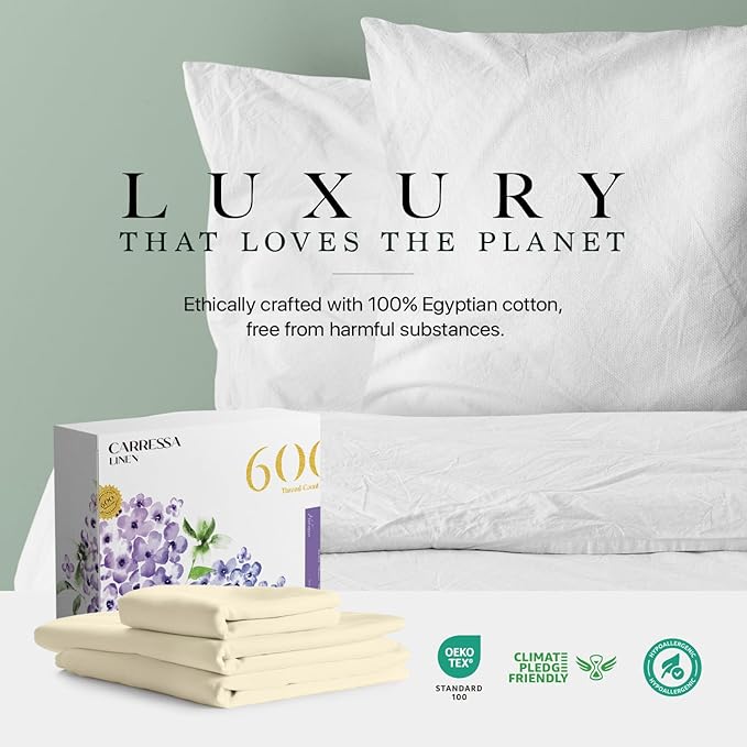 Carressa Linen 100% Egyptian Cotton Twin Sheets Set - 600 Thread Count Egyptian Cotton Luxury Twin Sheets (3 PC, Ivory Cream), 16" Deep Pocket, Soft, Cooling, Sateen Weave College Dorm Room Bedding