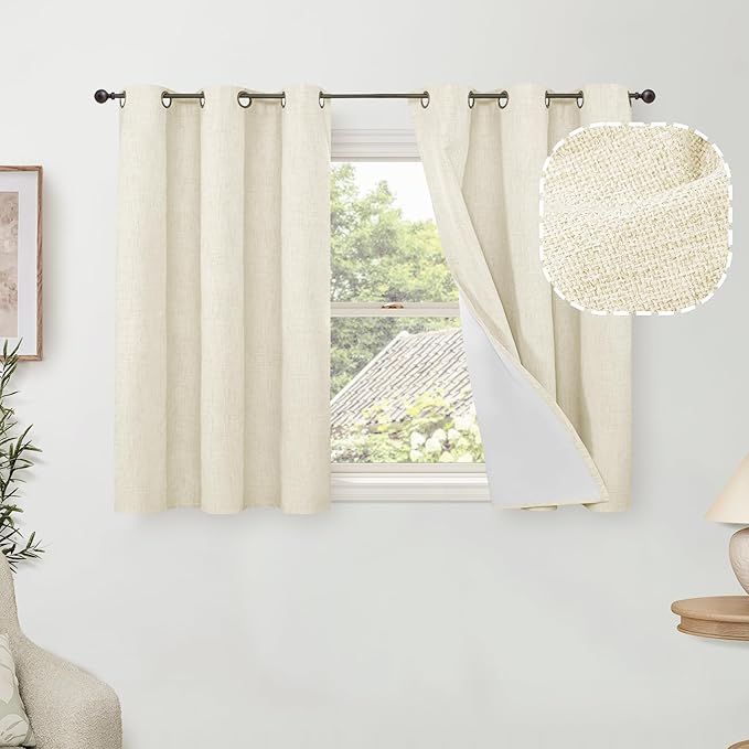 40 Inch Length Linen Blackout Curtains for Short Cafe Window, Thermal Insulated Light Blocking Soundproof Privacy Burlap Curtains 2 Panels, Each 38 Inch Wide Cream