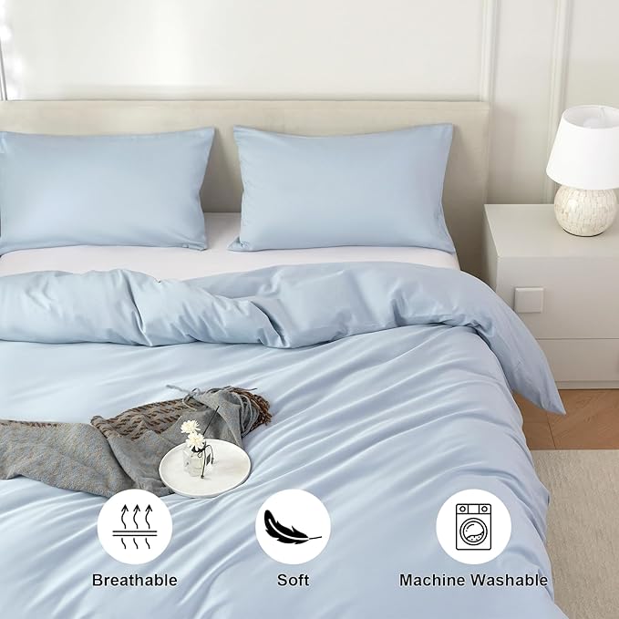 Duvet Cover Queen Size 100% Egyptian Cotton Duvet Cover Set,1600 Thread Count Feel Super Soft Comfortable Chic Lightweight 3 PCs Home Bedding Set (Light Blue, 90''x90''