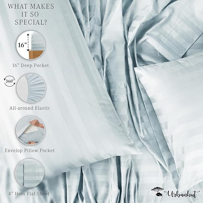 URBANHUT 800 Thread Count 100% Cotton Damask Twin Size Sheets, 4 Piece Striped Twin Size Bedsheets, Luxury Hotel Sheets Sateen Weave - Better Than Egyptian, 14" Elasticized Deep Pocket- Light Blue