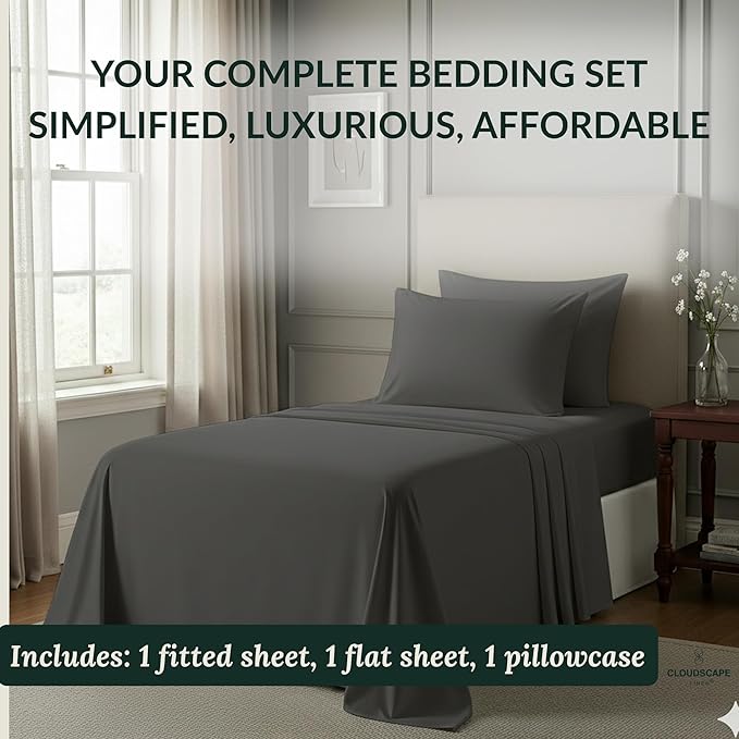 Cloud Scape Linen 100% Egyptian Cotton Sheets Twin Size, 3 Pieces Luxury Bedding Set, 400 Thread Count,Hotel Quality, Silky Soft, Breathable and Durable, Deep Pockets up to 15, Charcoal
