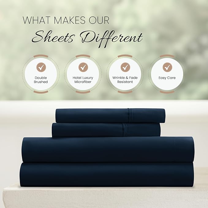 Linen Market Brushed Microfiber Full Sheet Set 4 Piece – Oeko-TEX Certified Ultra Soft & Wrinkle-Free - 16" Deep Pocket Sheets - Easy Care Full Size - Navy