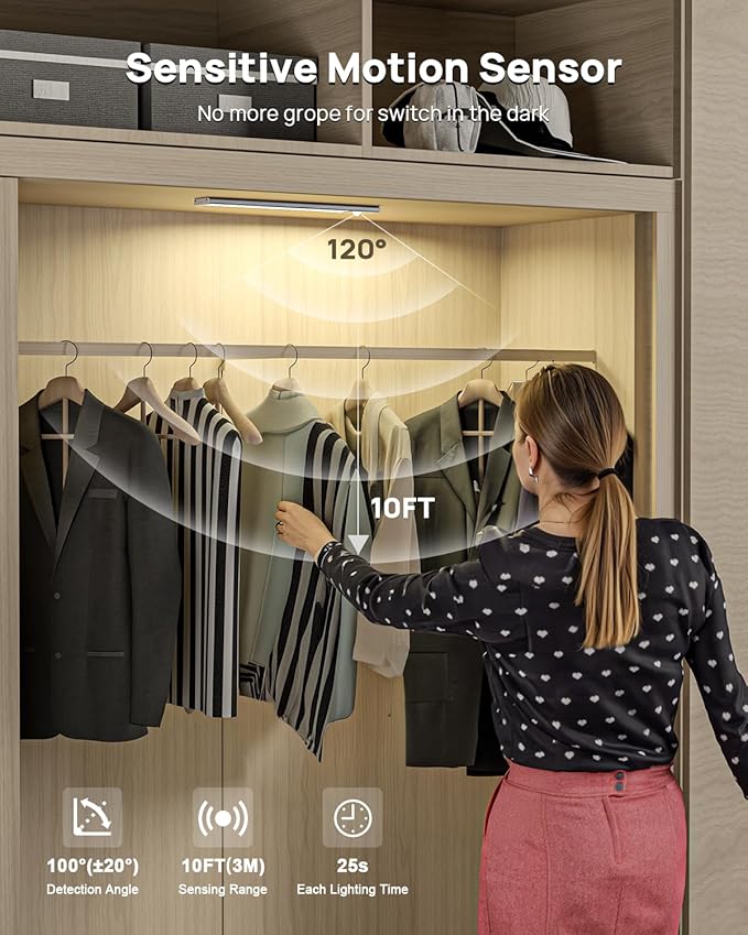 Under Cabinet Lighting with Remote Control,2500mAh USB Rechargeable Motion Sensor Light Indoor,350 Lumen LED Closet Light,3 Color Temps Wireless Under Counter Lights for Bedroom,Wardrobe,Stairs,6 Pack