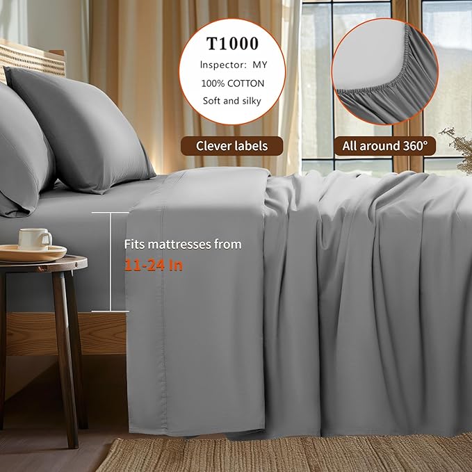 LBRO2M 100% Cotton Sheets Set Deep Pocket 24", 1000 Thread Count Full Size 4 Piece Bed Sheet Sets Soft Comfortable Bedding All Season (Full, Gray)