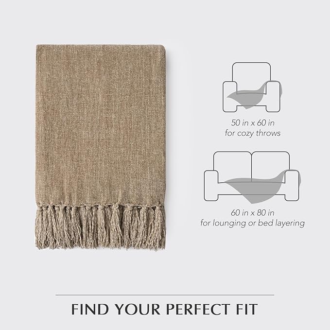 EVERGRACE Soft Chenille Throw Blanket for Couch, Cozy Plush Fuzzy Decorative Chenille Knit Throw Blanket with Tassels, Lightweight Blanket and Throws for Bed Sofa Gift Home Decor, Beige 60"x80"