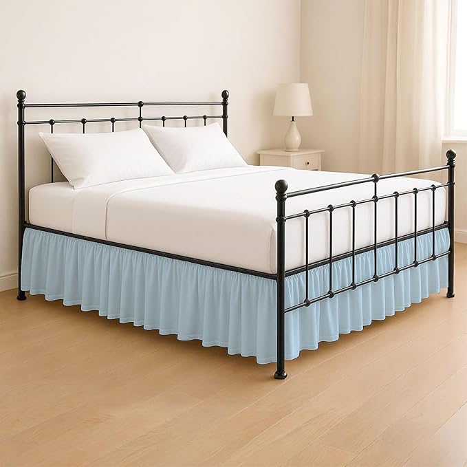 KRISHNA Ruffled Bed Skirt with Split Corners Full, 100% Microfiber Hotel Quality, 21 Inch Drop Dust Ruffle Gathered Bedskirt with Platform, 54" x 75", Light Blue
