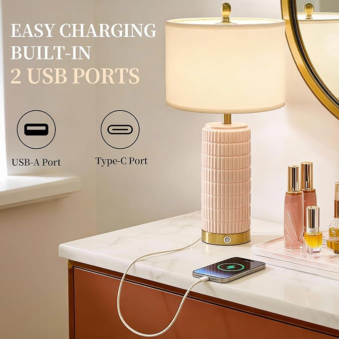PoKat 25'' Table Lamps Set of 2 for Bedroom with 3-Way Dimmable Touch Control, Bedside Lamps with USB A+C Ports for Living Room, Modern Ceramic Pink Lamps for Kids Girls Decor (2 Bulbs Included)