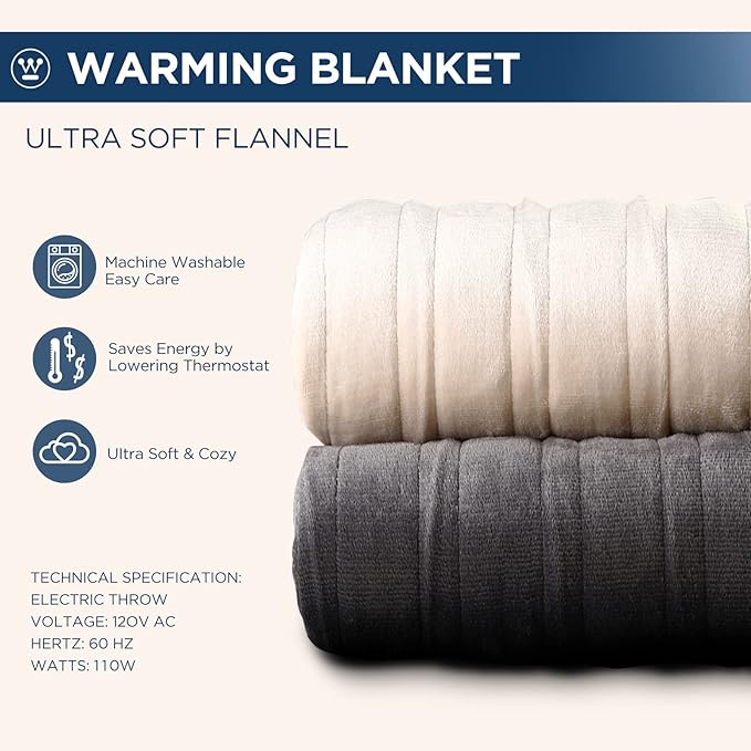 Westinghouse Electric Blanket King Size, Super Cozy Soft Flannel 100"" x 90"" Heated Blanket with 10 Fast Heating Levels & 1-12 Auto-Off, Machine Washable, ETL&FCC Certification, Charcoal