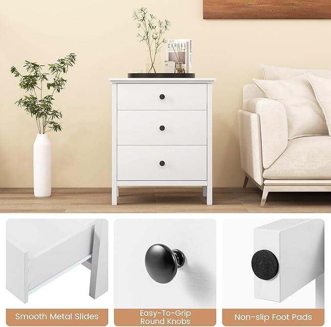 Giantex Nightstand with 3 Drawers Set of 2, Wooden Side End Table with Solid Wood Legs, Retro 3-Drawer Bedside Table Night Stand for Bedroom Home Office Small Space, Easy Assembly, White