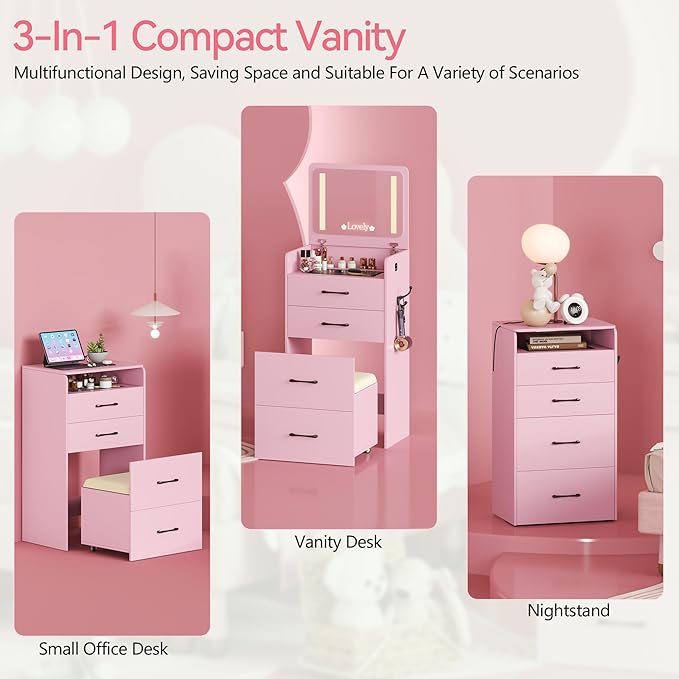 HNEBC 3 in 1 Vanity Desk with Plip Top LED Mirror,Small Dressing Table Set with Visible Glass Desktop,Compact Vanity with 3 Drawers,Storage Compartment and Padded Stool,for Bedroom(Pink)