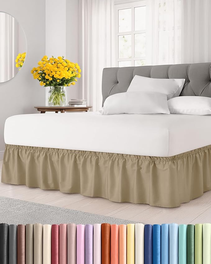 Wrap Around Dust Ruffle Bed Skirt - Beige - for Queen Size Beds with 15 Inch Drop - Easy Fit Elastic Strap - Adjustable Pleated Bedskirt w/Brushed Fabric - Wrinkle Free - for Women, Men, Kids & Teens
