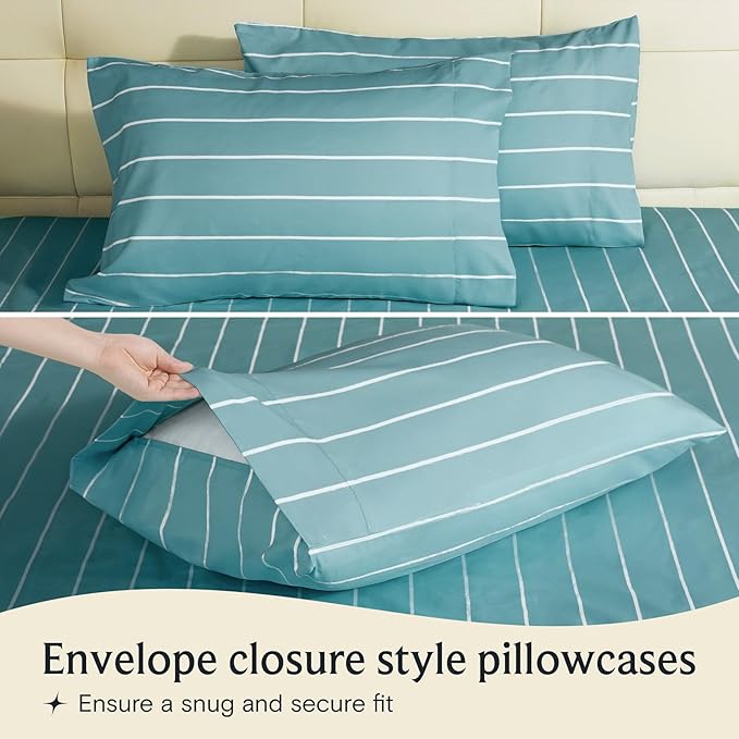 LuxClub 4 PC California King Sheet Set, Deep Pockets Wrinkle Free Cooling Bed Sheets Hotel Bedding for Women, Men, 1 Fitted Sheet, 1 Flat Sheet and 2 Pillowcases-Striped - Light Blue