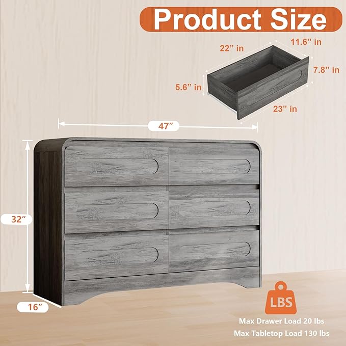 4 Pcs Bedroom Set, Dresser and Nightstand Sets, Modern Wooden Tall 6 Drawer Dressers, Wide 6 Drawers Dresser & Night Stand Set of 2 for Bedroom, Grey