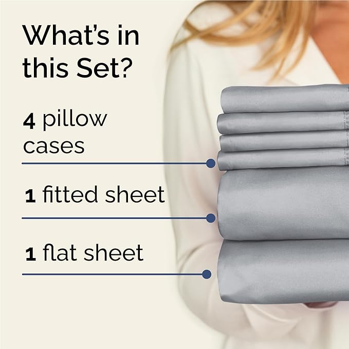 Full 6 Piece Sheet Set - Cooling, Comfy & Breathable - Hotel Luxury Bedding, Includes Fitted Sheet for Women, Men, Kids & Teens - 1 Flat, 1 Fitted Sheet, 4 Pillowcases with Deep Pockets - Steel Blue