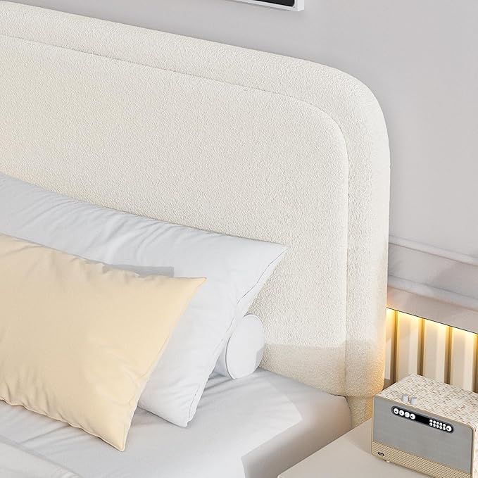 BarnFurin Queen Bed Frame with Headboard, Cloud Boucle Upholstered Platform Bed with Wood Slats, Soft Rounded Corners, No Box Spring Required, Easy Assembly, Cream
