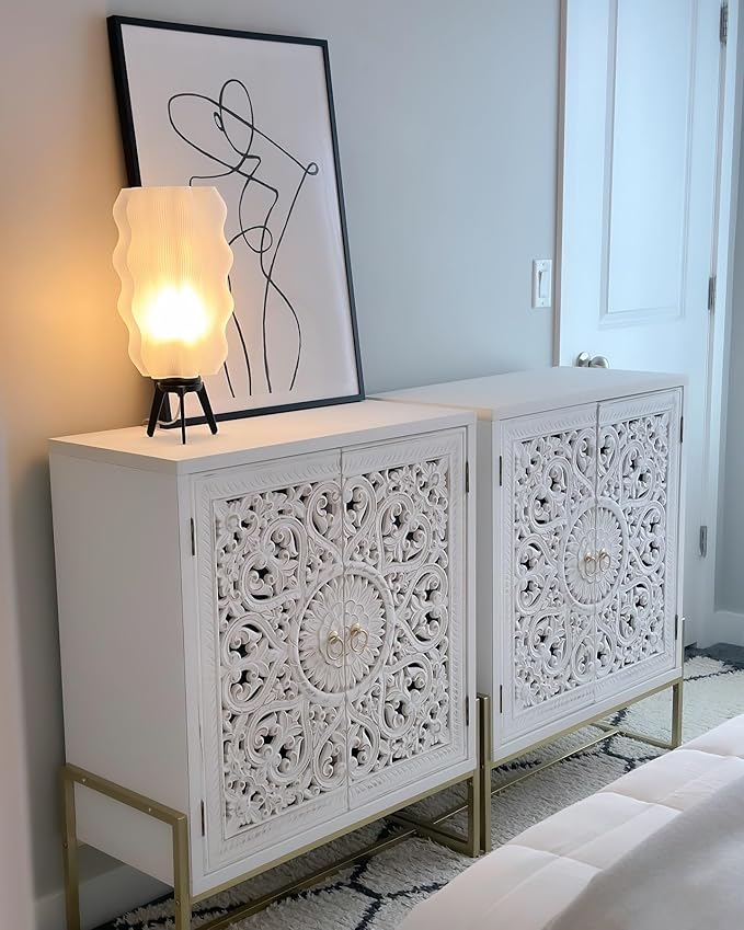 PHI VILLA White Accent Cabinet with Doors, Hollow Carved Small Buffet Sideboard, 2 Door Storage Cabinets