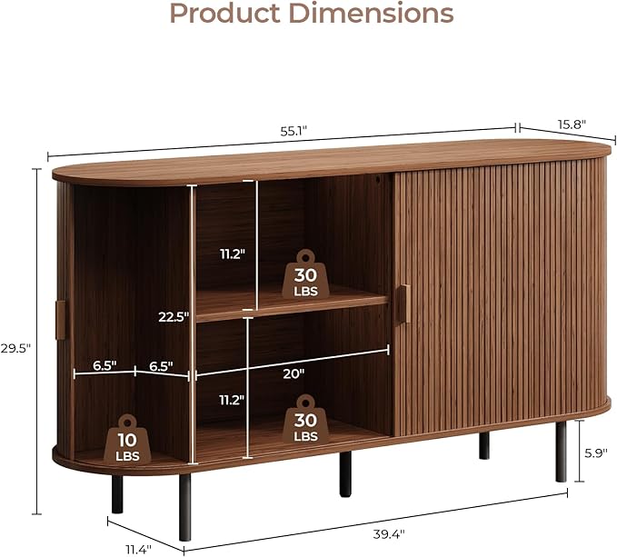 Buffet Cabinet with Storage, 55" Fluted Sideboard Buffet with Sliding Door, Coffee Bar Cabinet with Adjustable Shelf, Console Table, Accent Table for Entryway, Kitchen, Dining Room, Walnut