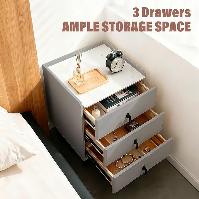 Lamberia Narrow Nightstand with 3 Drawers, Narrow Side Table, Small Bedside Table for Bedroom, Living Room, End Table for Small Space, Dark Grey, 15.8''W x 15.8" D x 23.5" H