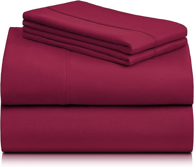 LuxClub 4 PC King Sheet Set, Deep Pockets Wrinkle Free Cooling Bed Sheets Hotel Bedding for Women, Men, Includes 1 Fitted Sheet, 1 Flat Sheet and 2 Pillowcases-Burgundy