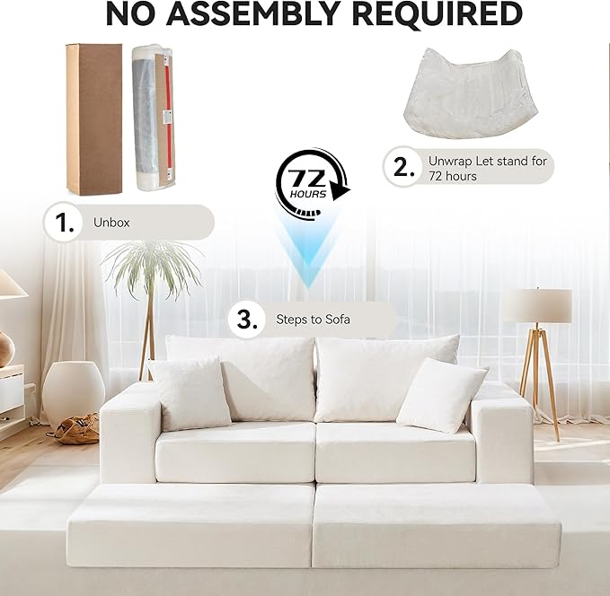 Boneless Sectional Loveseat Couch with Ottoman, Convertible Modular Floor Sleeper Sofa Bed, Comfy Foldable Compression Love Seat Sofa for Living Room, No Assembly, Beige