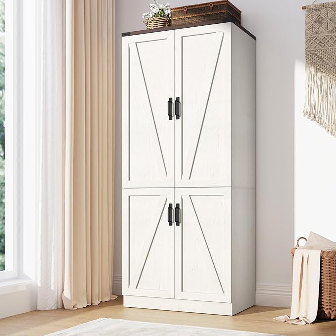75" Tall Farmhouse 2 Doors Armoire Wardrobe Closet with LED,Freestanding Closet Wardrobe Cabinet for Bedroom with Hanging Rod,Wooden Armoire Storage Cabinet Adjustable(Rustic Off White)