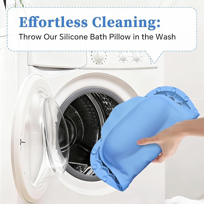 Silicone Bath Pillow for Tub Adults, 4D Air-Cushion Bathtub Pillow for Head Neck and Back Support, Non-Slip Suction Cups, Quick-Drying Waterproof Spa Pillow, Easy to Clean & Store (Blue