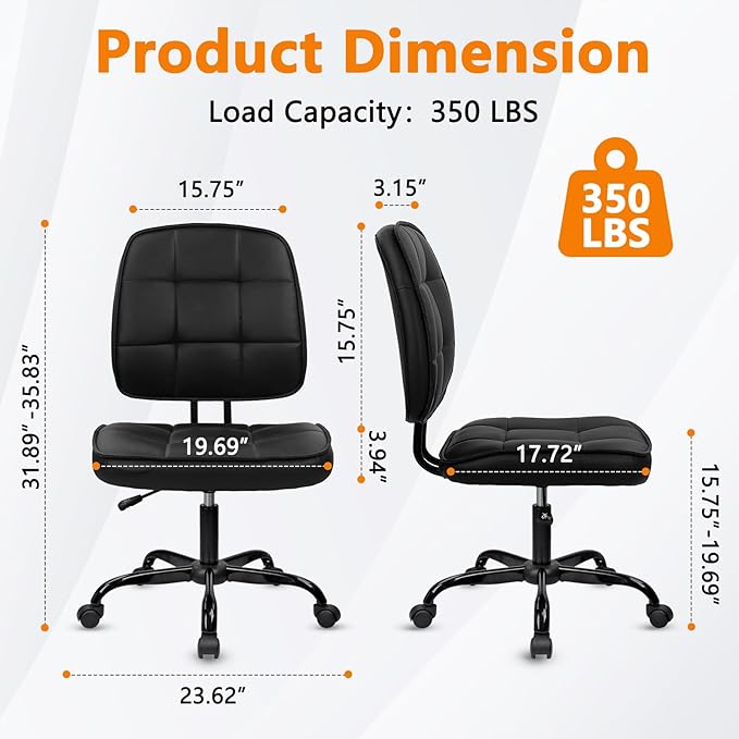 CLATINA Armless Home Office Chair with Lumbar Support and Wheels, Small PU Leather Ergonomic Low Back Desk Chairs No Arms, Adjustable Height 360° Swivel Rolling Computer Task Chair, Black, 8 Pack