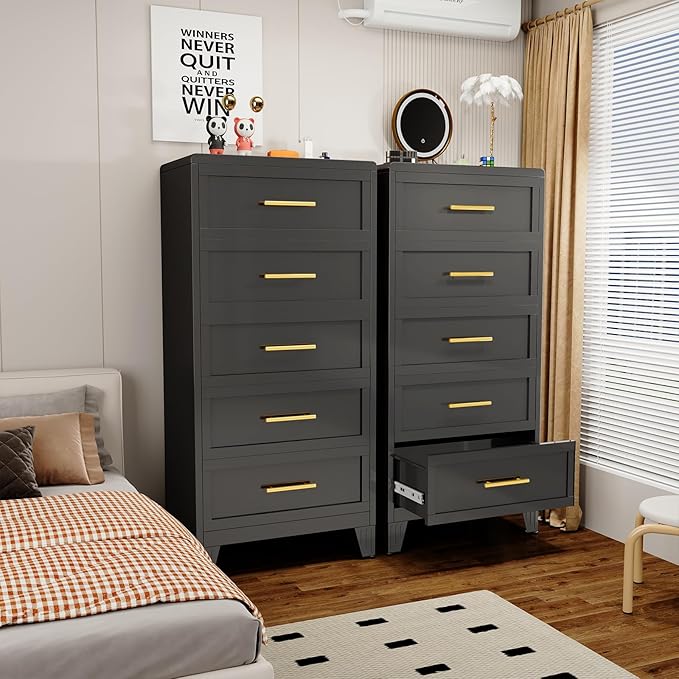 Metal Tall Dresser for Bedroom, Black Dressers & Chest of Drawers, 5 Drawer Dresser with Curved Corner, Bedroom Dressers with Drawers, Storage Cabinet for Hallway, Entryway (Black, 24" W)