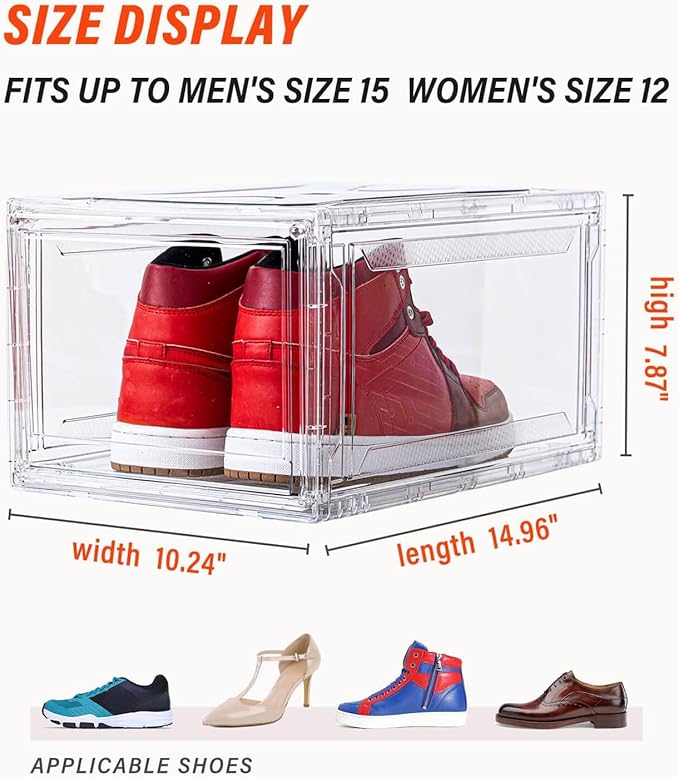 Clear Shoe Boxes Stackable 10 Pack Shoe Storage for Sneakerheads, Front Opening Shoe Organizer, Magnetic Door, Strong and Sturdy Fit for Large Size Shoes 14.96 x 10.24 x 7.87 inches