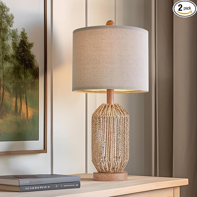 OYEARS 21" Boho Table Lamp for Living Room, Bedside Lamp for Nightstands, Rattan Lamp for Bedroom, Farmhouse Table Lamp for Room Decor, End Table, Retro, Brown, 1 Pack