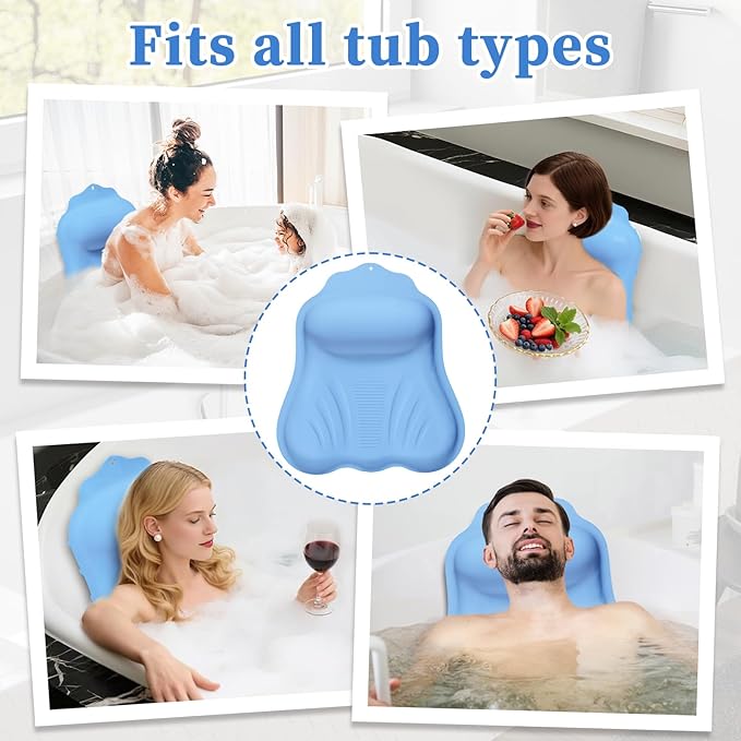 Silicone Bath Pillow for Tub Adults, 4D Air-Cushion Bathtub Pillow for Head Neck and Back Support, Non-Slip Suction Cups, Quick-Drying Waterproof Spa Pillow, Easy to Clean & Store (Blue