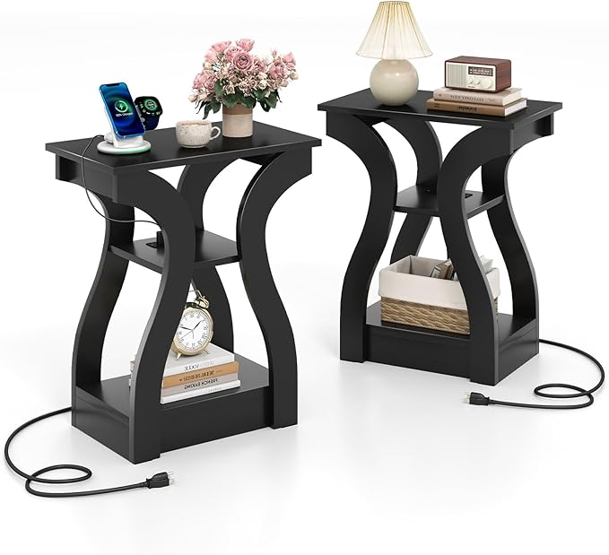 Giantex Narrow End Tables with Charging Station Set of 2, Wood Sofa Side Tables with Open Storage Shelves, Bedside Tables with USB Ports & Outlets, Modern Nightstands for Living Room, Bedroom, Black