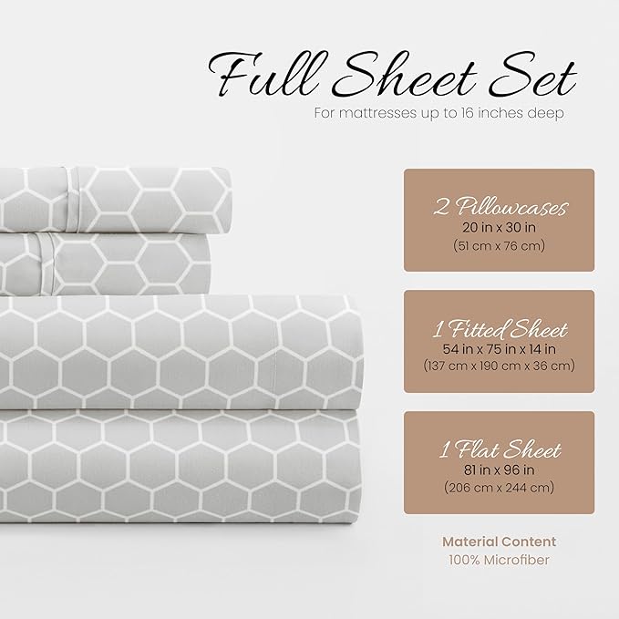 Linen Market Double-Brushed Patterned Microfiber Full Sheet Set 4 Piece – Oeko-TEX Certified Ultra Soft & Wrinkle-Free - 16" Deep Pocket Sheets - Easy Care Full Size - Honeycomb Light Gray