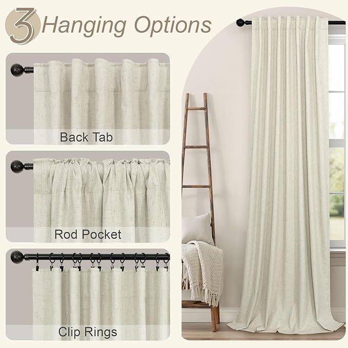 Cream Beige Blackout Curtains 90 Inches Long Thick Linen Patio Curtains for Sliding Glass Doors Cute Black Out Curtain for Nursery Bedroom Aesthetic Back Tab Pocket Pleated Drape 2 Panels 52x90 Length