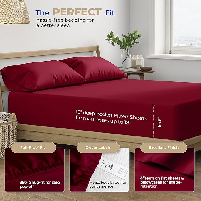 THREAD SPREAD Split King Sheets Sets for Adjustable Bed - 400 Thread Count 5 PC Split Sheet Set, Cooling Cotton Sheets, 2 Twin-XL Fitted Sheets, 16" Deep Pocket Split King Bed Sheet (Burgundy)