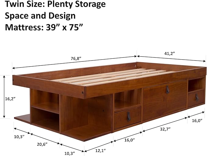 memomad Bali Storage Platform Bed with Drawers (Twin Size, Caramel Brown Wood)