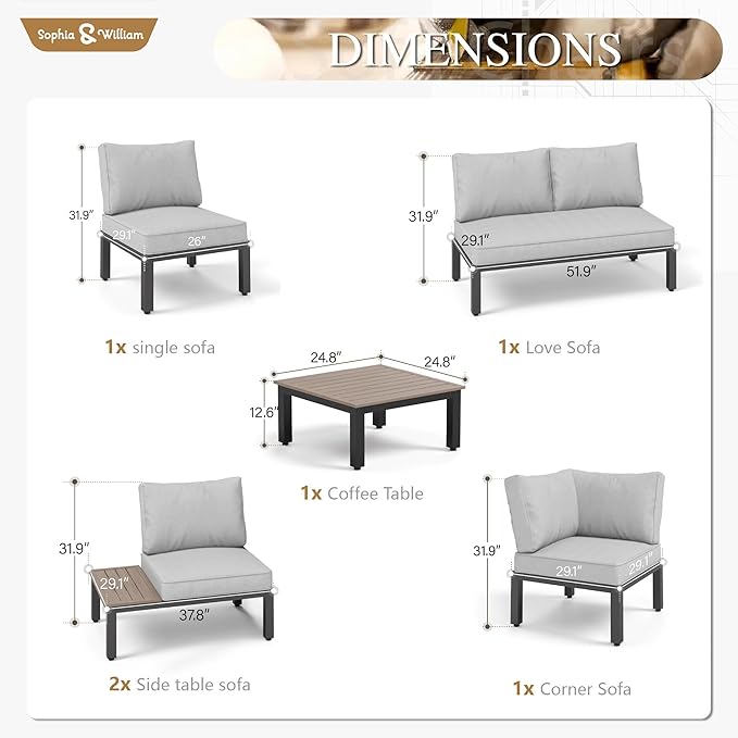 Sophia & William 6 Pieces Patio Furniture Set, Outdoor Metal Sectional Sofa, Patio Conversation Set-2 x Single Sofa with Side Table,1 x Loveseat,2 x Single Couch,1 x Tea Table(Beige Grey)