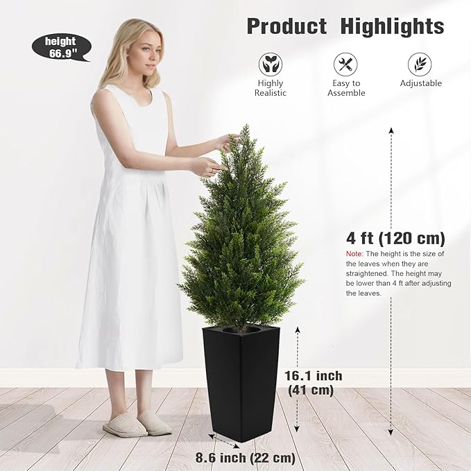 4FT Tall 2 Set Artificial Topiary Cedar Tree, Indoor Realistic Faux Cypress Plants with Square Flowerpot, Outdoor Evergreen Fake Shrubs for Home Living Room Front Porch Decor