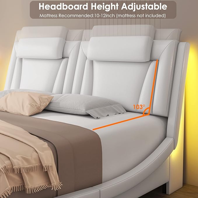 Keyluv Modern Upholstered King Bed Frame with Adjustable LED Headboard, Wave-Like Curve Design, Solid Wooden Slats Support, No Box Spring Needed, Noise Free, White