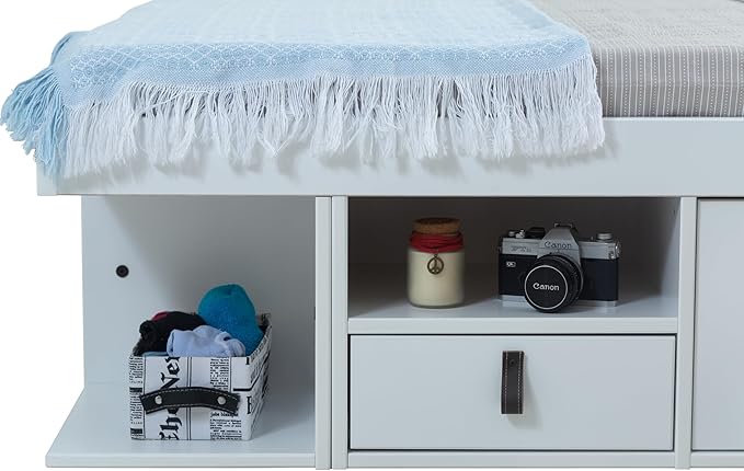memomad Bali Slim Set: Storage Platform Bed with Drawers + Flat Panel Headboard (Full Size, White Wood)