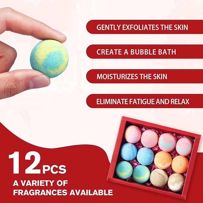 12-Pack Bath Bomb Set for Men & Women, Christmas Aromatherapy Spa Bombs with Essential Oils, Giftable Bath Essentials for Relaxation & Self Care
