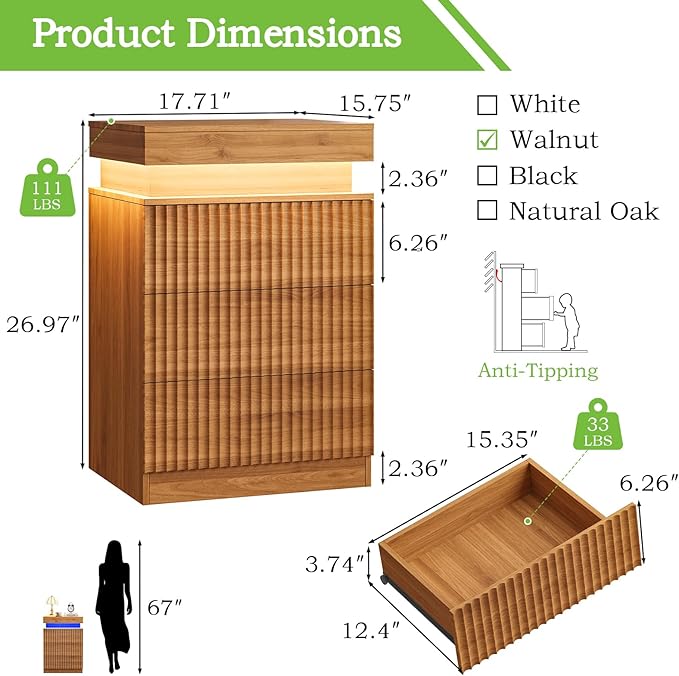Nightstands Set of 2 with Charging Station & LED Lights, Modern Small Fluted Bedside & End Tables with 3 Drawers, Sliding Top & Hidden Storage, Wooden Farmhouse Night Stand for Bedroom Office,Walnut