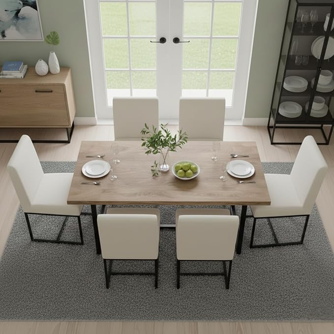 CIMOTA Modern Linen Dining Chair Set of 8, Mid Century Dining Room Chairs Fabric Upholstered Armless Side Chair with Black Sled Base for Dining Room, White Cream 8PCS