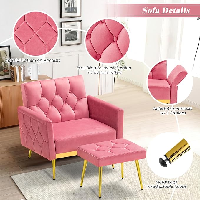 Velvet Accent Chair w/Adjustable Armrests and Backrests, Tufted Single Sofa with Ottoman, Upholstered Reading Chiar for Living Room, Apartment, Bedroom, Pink