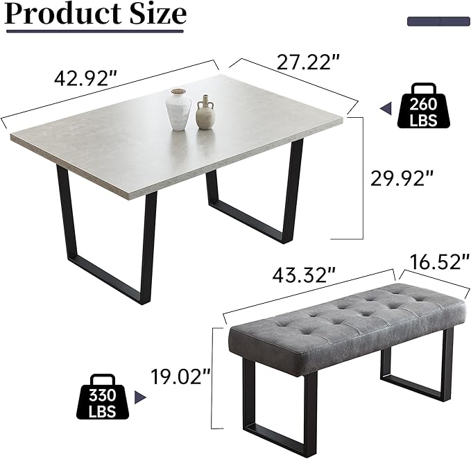 3 Piece Dining Table Set with Bench, 42.9 Inch Modern Kitchen Table with Left Seat Corner and 43.3 Inch Bench for Family Dining Room Furniture